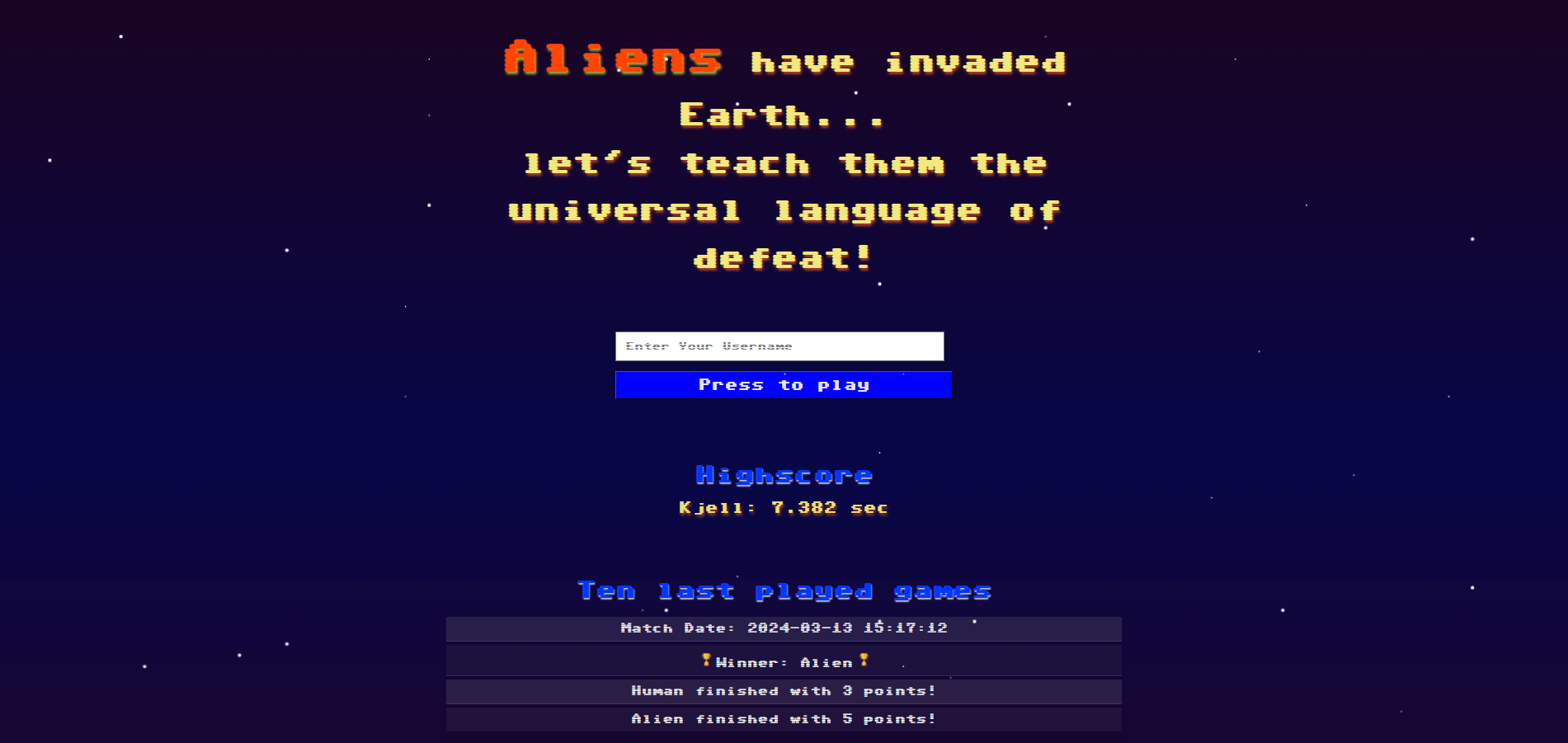 Start page of alien game